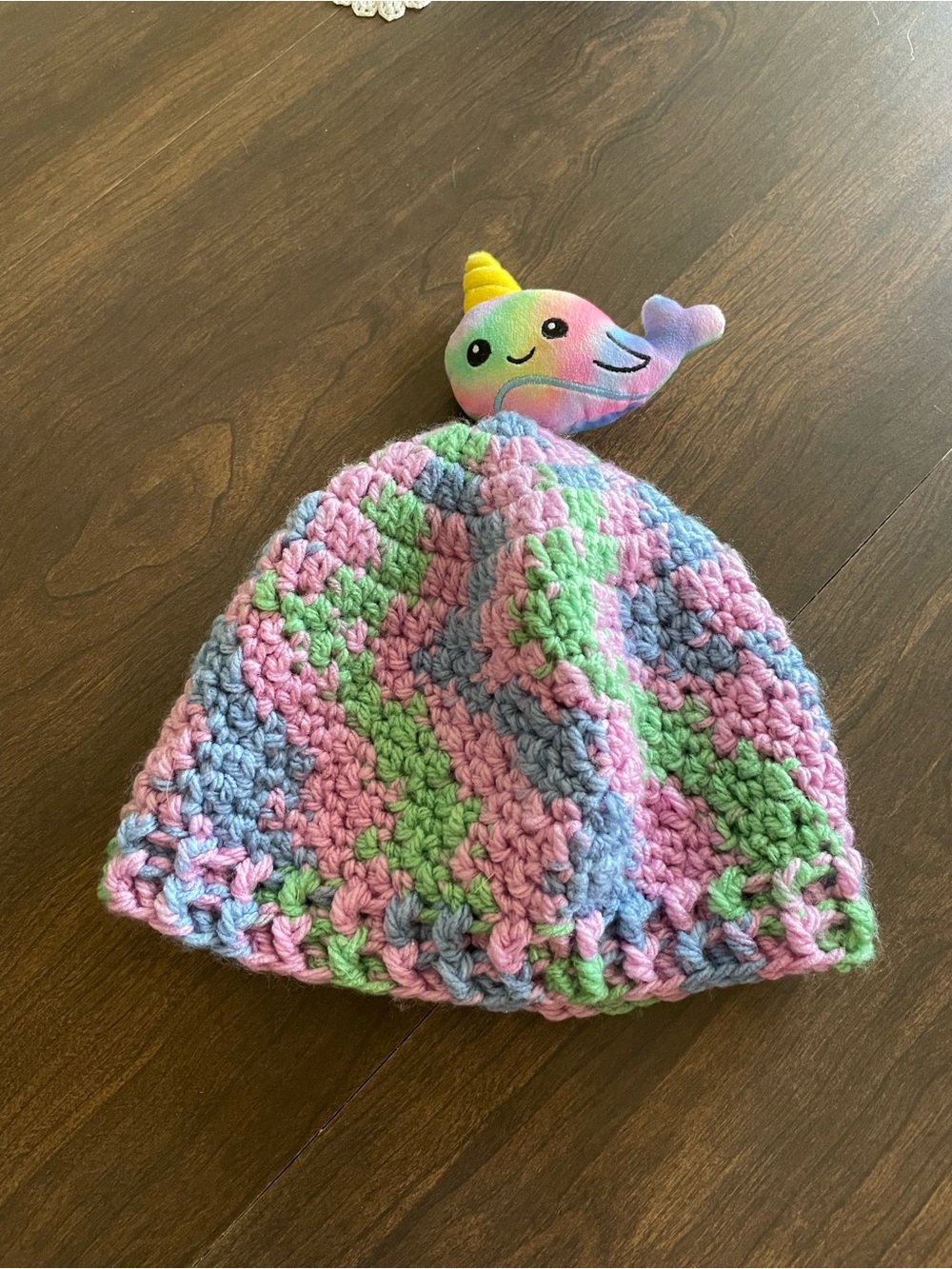 Handmade Kids Crochet Beanie with Pastel Rainbow Narwhal